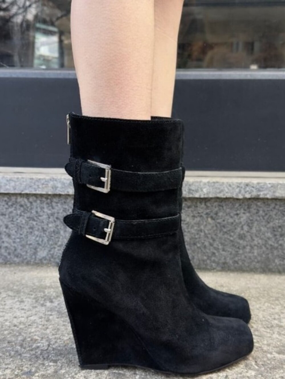 Michael Kors Black Suede Leather Wedge Heel Exposed Zip Parker Boots Size 8M